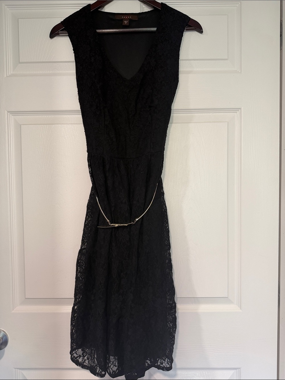 Fever Black Lace Midi Dress with Gold Chain Accent